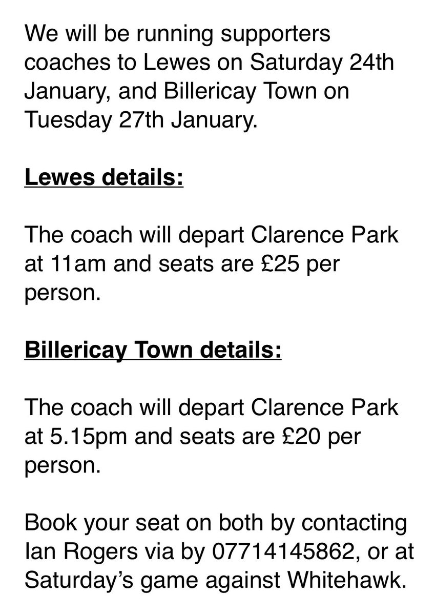 🚌 AWAY TRAVEL 🚌

Please see below for information regarding the supporters coaches that we will be running to Lewes and Billericay town! 

Book your seat ASAP ⬇️