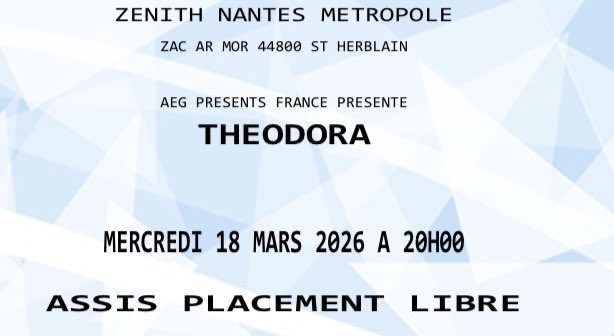 cobalader's tweet image. J’ai 2 places à vendre pour le concert de Theodora le 18 mars à Nantes ! Je l’ai vends au prix d’achat parce que je ne peux plus y aller ! 55€ !