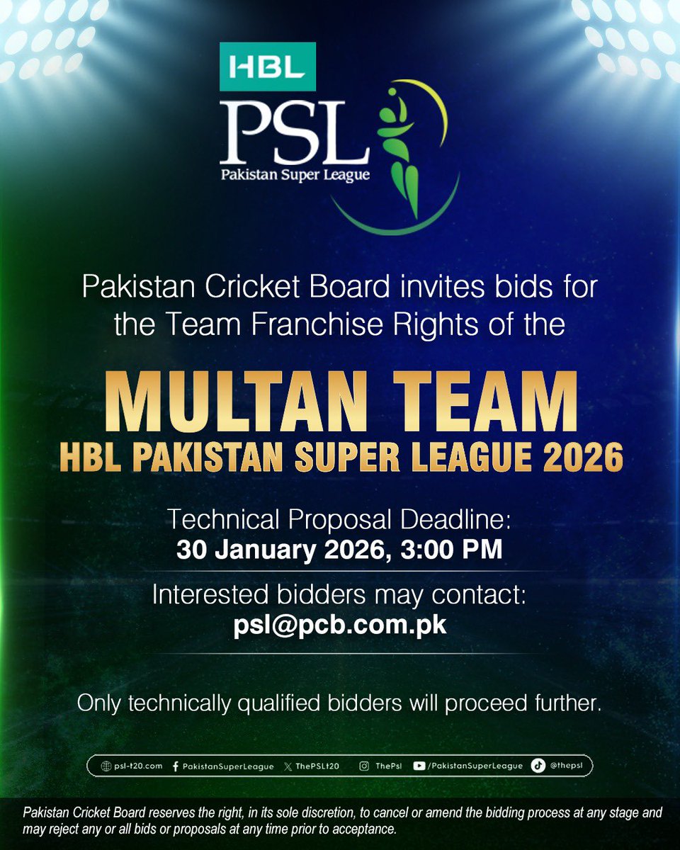Pakistan Cricket Board invites bids for Team Franchise Rights