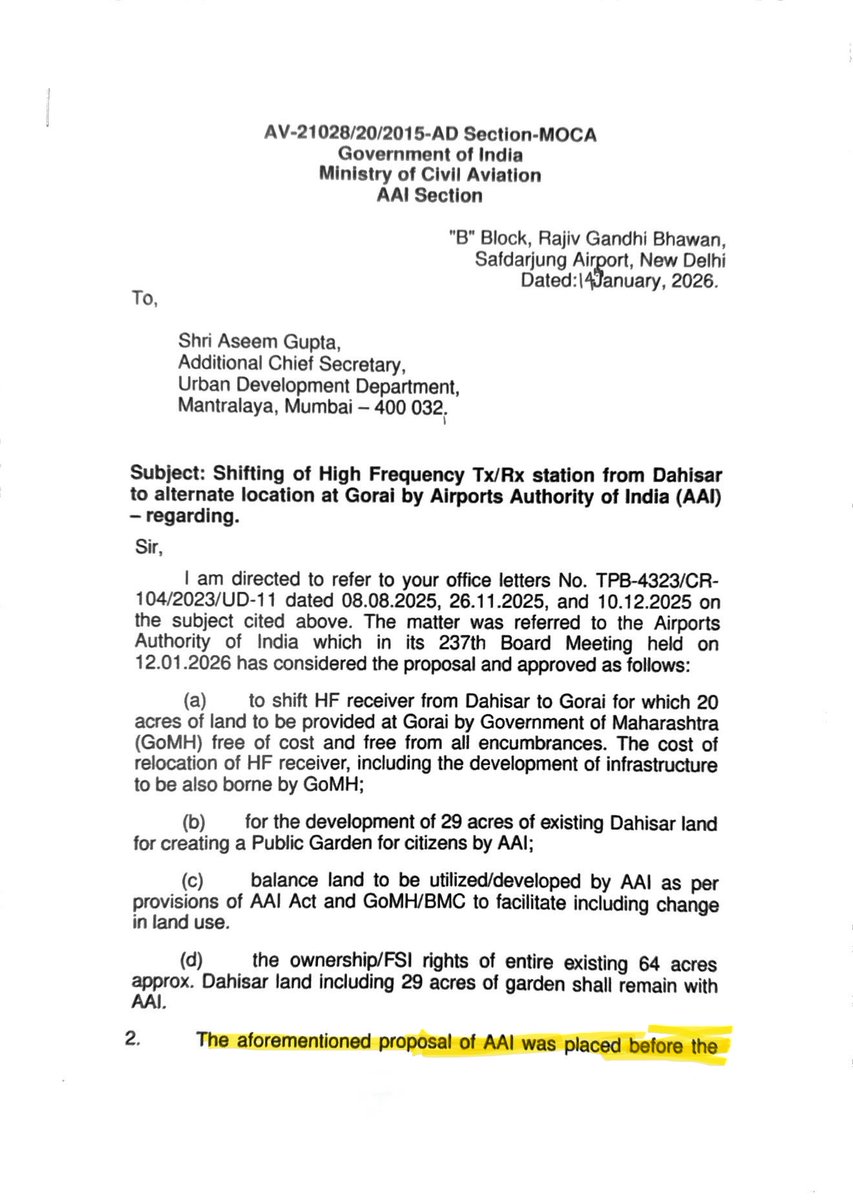 Dev_Fadnavis's tweet photo. The Airports Authority of India has decided to relocate the high-frequency radar for the airport, currently located at Dahisar, to Gorai. This decision has also received approval from the Hon. Union Minister for Civil Aviation. The State Government had already taken a decision to provide land at Gorai for this purpose.

Thank you, Hon. PM Narendra Modi Ji and Hon. Union Minister Kinjarapu Ram Mohan Naidu ji. This decision has paved the way for redevelopment in this area.

@narendramodi @RamMNK @AAI_Official
#Mumbai #Dahisar #AAI