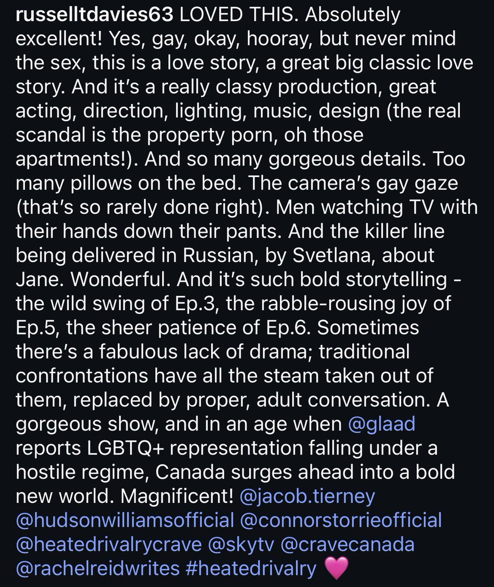 jasrozanov81's tweet image. russell t davies (creator of queer as folk) has watched and reviewed heated rivalry!! i love all of his work so this is so exciting for me 🫶🏻🫶🏻
