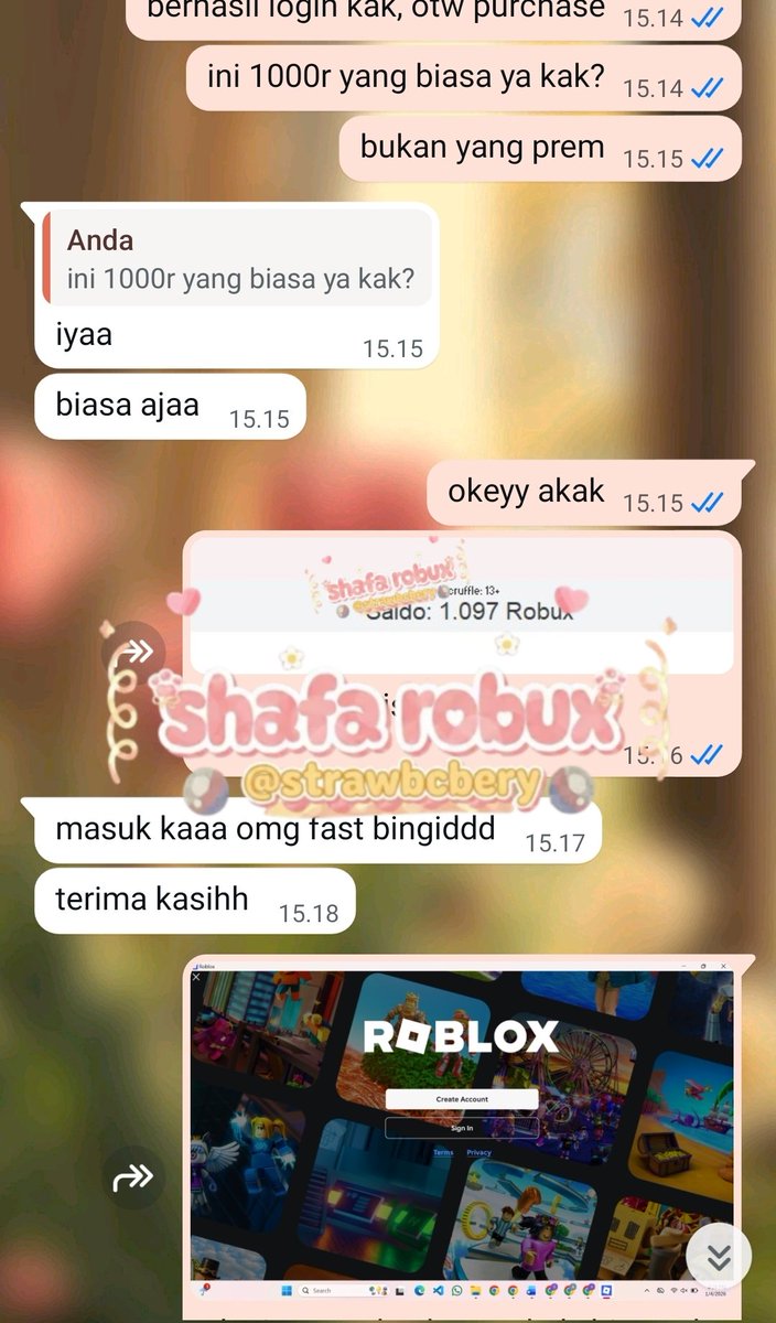 strawbcbery's tweet image. 🍓 ─ testi pembelian 1k robux. more testi ada di bio aku #zonauang