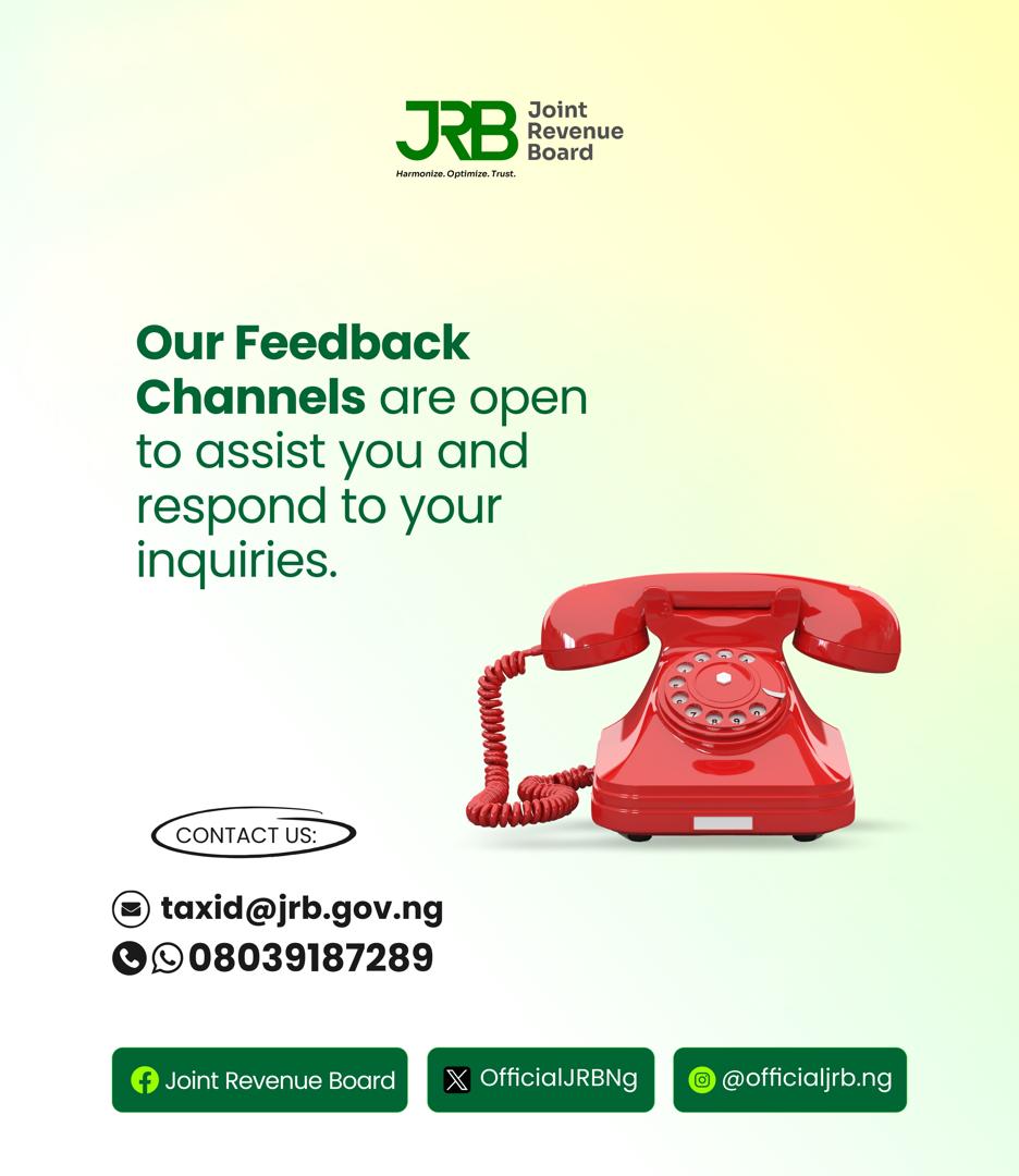 Use our feedback channels for your inquiries.

<a href="/fctirs/">Federal Capital Territory Internal Revenue Service</a> <a href="/kanoirs/">Kano State Internal Revenue Service</a> <a href="/kadirsgovng/">Kaduna State Internal Revenue Service</a> 

#JRB