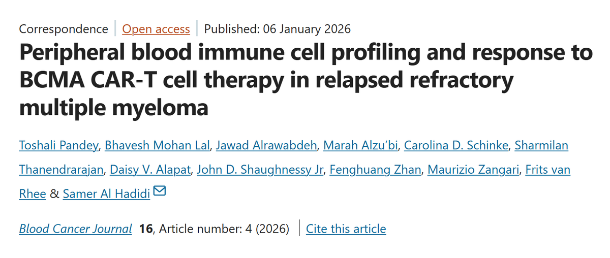 MarahAlzubi01's tweet photo. Starting 2026 with a publication I’m proud to share.

Our work on peripheral blood immune profiling &amp; response to BCMA CAR-T in relapsed/refractory multiple myeloma is now published in Blood Cancer Journal.

#MultipleMyeloma #MedTwitter #Immunotherapy #Hematology #ResearchTwitter https://t.co/vbJpOv3lP7