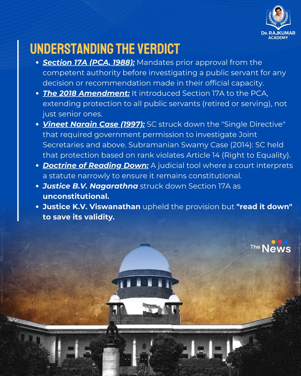 DrRajAcademy's tweet image. Supreme Court split verdict sparks a major debate on corruption control and executive accountability.

#SupremeCourt #PreventionOfCorruptionAct #Section17A #JudicialReview #CorruptionInIndia #Governance #DrRajkumarAcademy