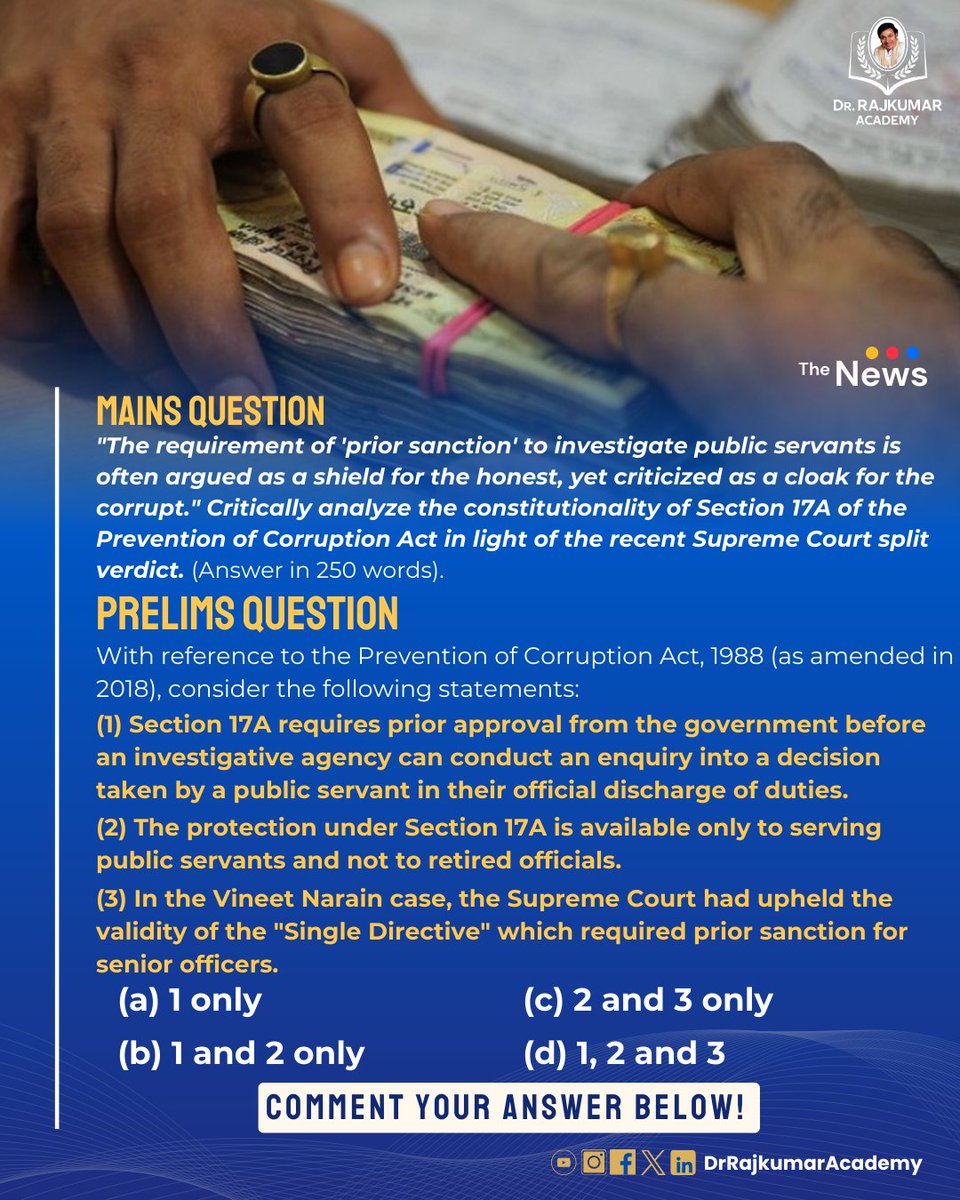 DrRajAcademy's tweet image. Supreme Court split verdict sparks a major debate on corruption control and executive accountability.

#SupremeCourt #PreventionOfCorruptionAct #Section17A #JudicialReview #CorruptionInIndia #Governance #DrRajkumarAcademy