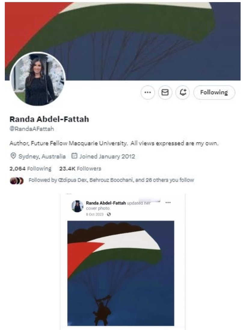 1/ By 8 October, one day after Hamas terrorists committed their genocide, Randa changed her profile images to a Hamas paraglider—the same delivery method used by Hamas to infiltrate Israel and murder young people at the Nova music festival.