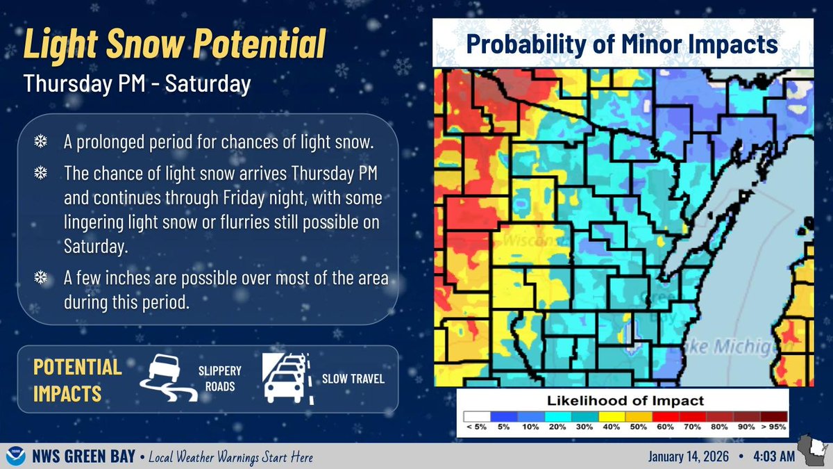 A prolong period for the chances of light snow will arrive Thursday PM and continue at times into Saturday. At this time, the heaviest snowfall totals and the greatest impacts will be mainly west of the area. However, roads may be snow covered and slippery at times. #wiwx