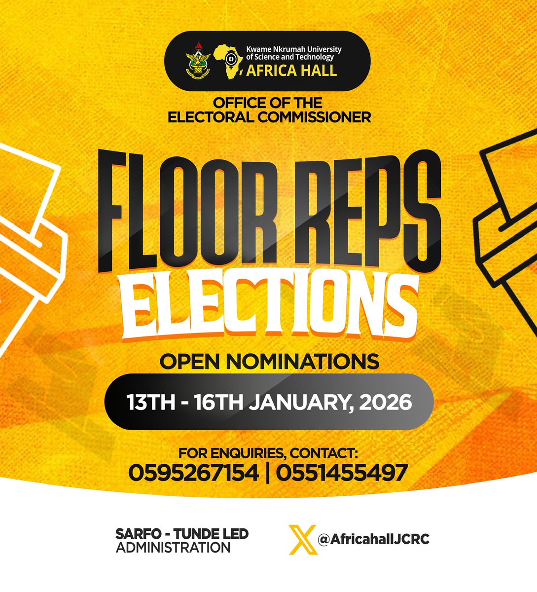 𝐎𝐅𝐅𝐈𝐂𝐄 𝐎𝐅 𝐓𝐇𝐄 𝐄𝐋𝐄𝐂𝐓𝐎𝐑𝐀𝐋 𝐂𝐎𝐌𝐌𝐈𝐒𝐒𝐈𝐎𝐍𝐄𝐑

FLOOR REPS ELECTIONS

Nominations opens from 13th – 16th January 2026. Eligible residents are invited to submit nominations to lead and represent your floor.

📞 Contact; 0595267154 | 0551455497