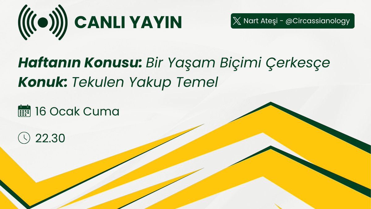 16 Ocak Cuma günü saat 22.30'da space yayınımız vardır. "Haftanın Konusu: Bir Yaşam Biçimi Çerkesçe" 

Konuk: Tekulen Yakup Temel

Tüm Çerkes Ve Çerkes dostlarını bekleriz...