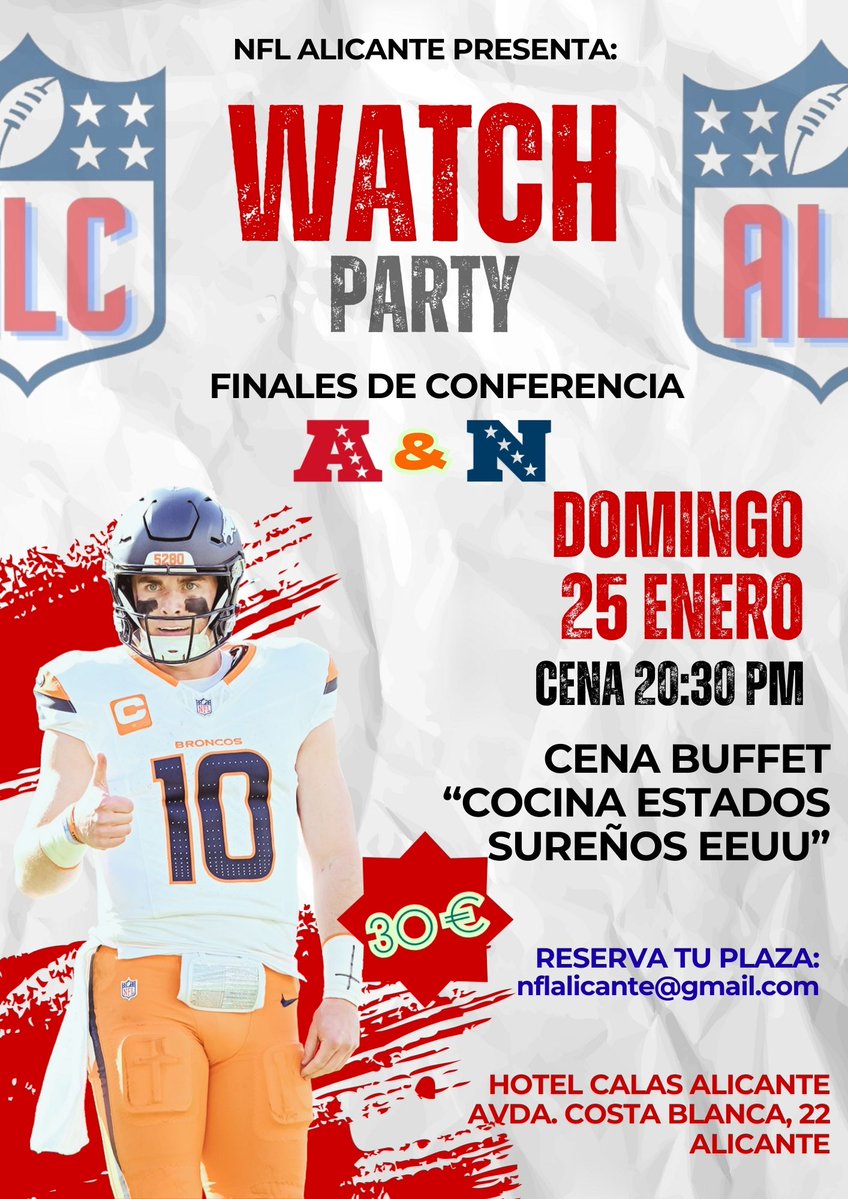 ⚠️ #ÚLTIMALLAMADA

Que sí, cansinos. Que mantita, sofá y todo eso. Pero mucho mejor es disfrutar de las Finales de Conferencia con los amigos de NFL Alicante &amp; <a href="/ElCapologist/">El Capologist Podcast</a>.

Apúntate a la WatchParty. Buena comida, buena compañía y grandes partidos.

Let's Go !! 💙🤍🏈