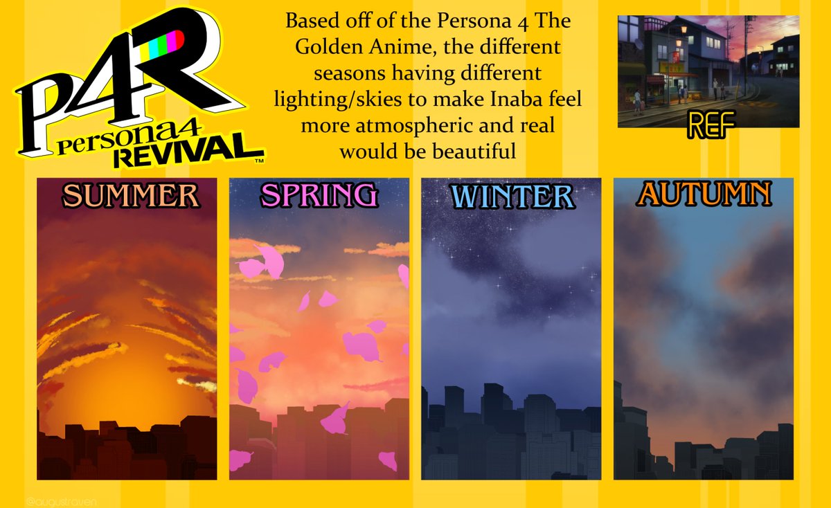 I love the idea of Persona 4 Revival having a seasonal Afternoon/Evening look to make the small town of Inaba feel more alive and beautiful, have these concepts