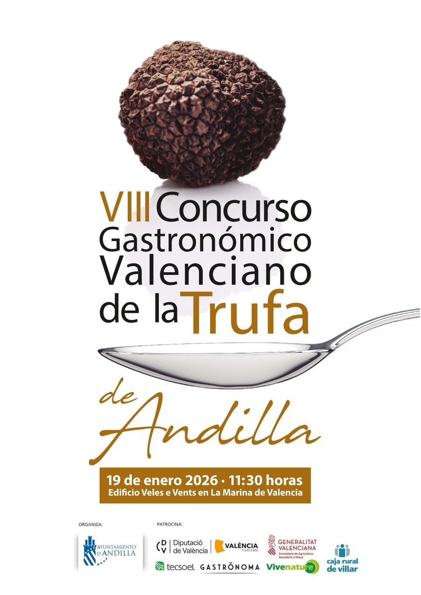 valenciaturisme's tweet photo. 🍽#Andilla celebra mañana, 19 de enero, el VIII Concurso Gastronómico Valenciano de la Trufa, en el edificio Veles e Vents de @lamarinadevlc
🤞¡Suerte a todos los participantes!
@baroniaAndilla @andillaayto @dipvalencia @Valenciaturismo #València #Valènciaturisme https://t.co/aNXopOV21B