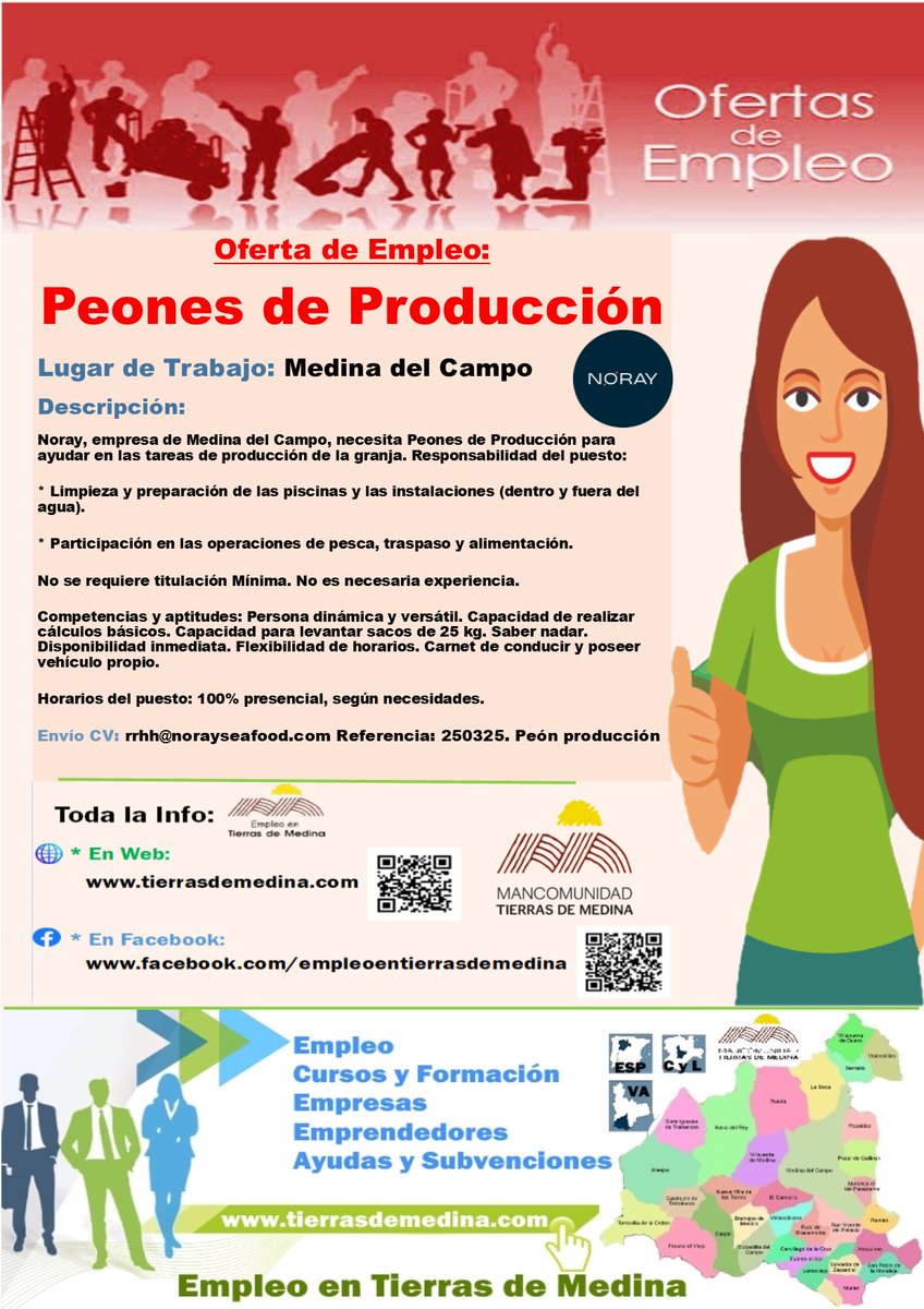 TierrasdeMedina's tweet image. Oferta de #Empleo: #Peones de #Producción en #MedinadelCampo

#Noray, empresa de Medina del Campo, necesita Peones de Producción para ayudar en las tareas de producción de la granja.

Envío de CV: rrhh@norayseafood.com Referencia: 250325. Peón de producción 

#TierrasdeMedina