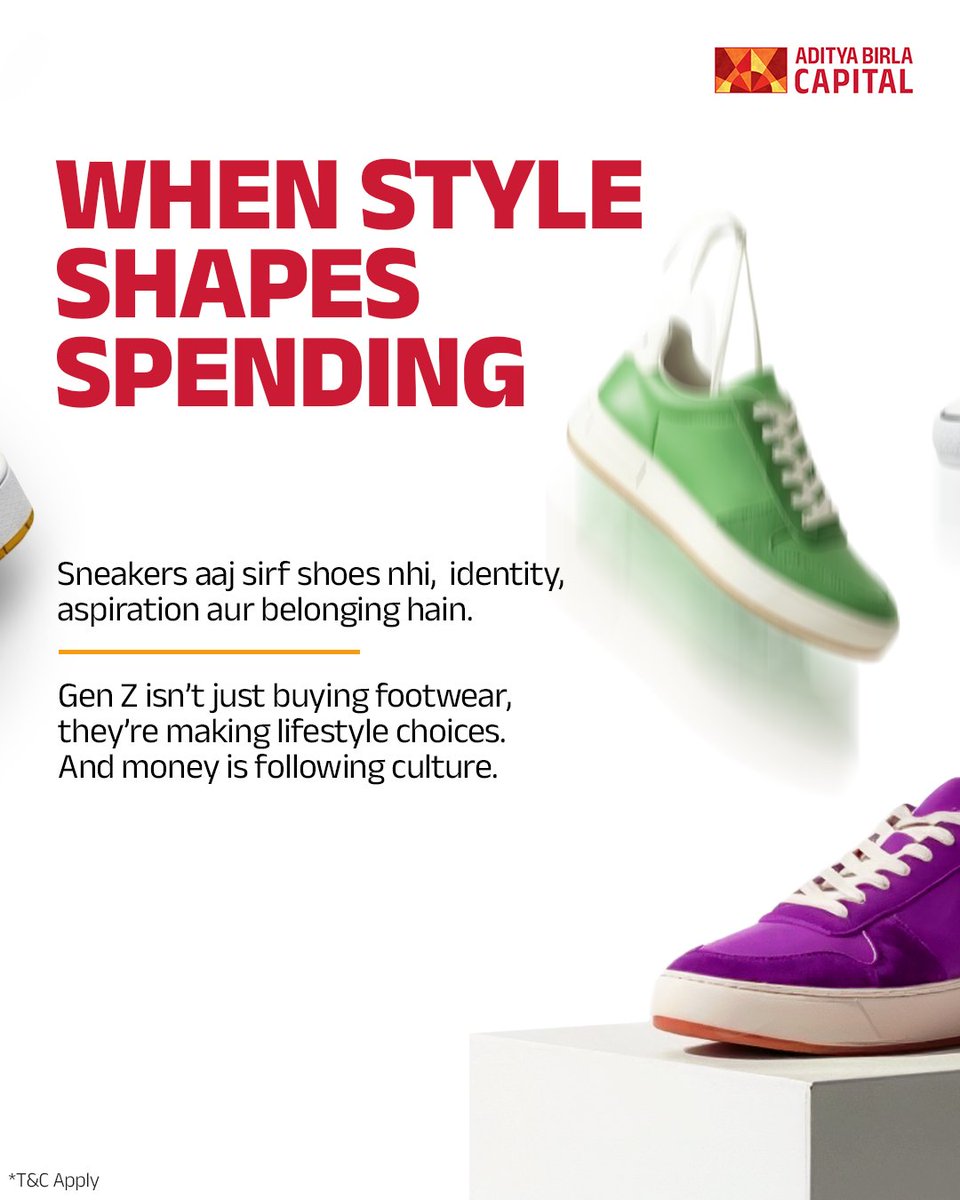 abcapital's tweet photo. Sneakers today aren’t an impulse; they’re intention.
A $6B culture is shaping how India spends and plans its money.

#AdityaBirlaCapital #MoneyGoals
#FinancialPlanning #SmartInvestments #FinPop #SneakerCulture https://t.co/UiXIe6PCMv