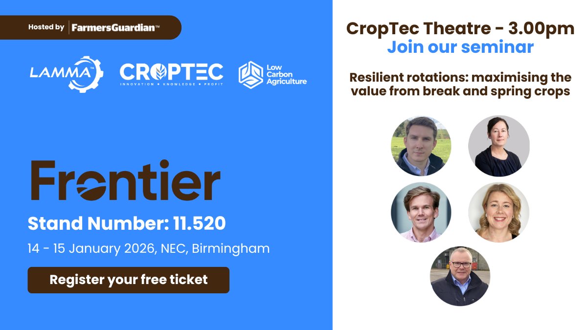 FrontierAg's tweet image. JOIN US @lammashow CropTec Theatre | 3.00pm today

Our experts will host a session on 'Resilient rotations: maximising the value from break &amp;amp; spring crops' exploring the practical approaches &amp;amp; commercial opportunities available to growers.

Learn more: loom.ly/DQNf-lM