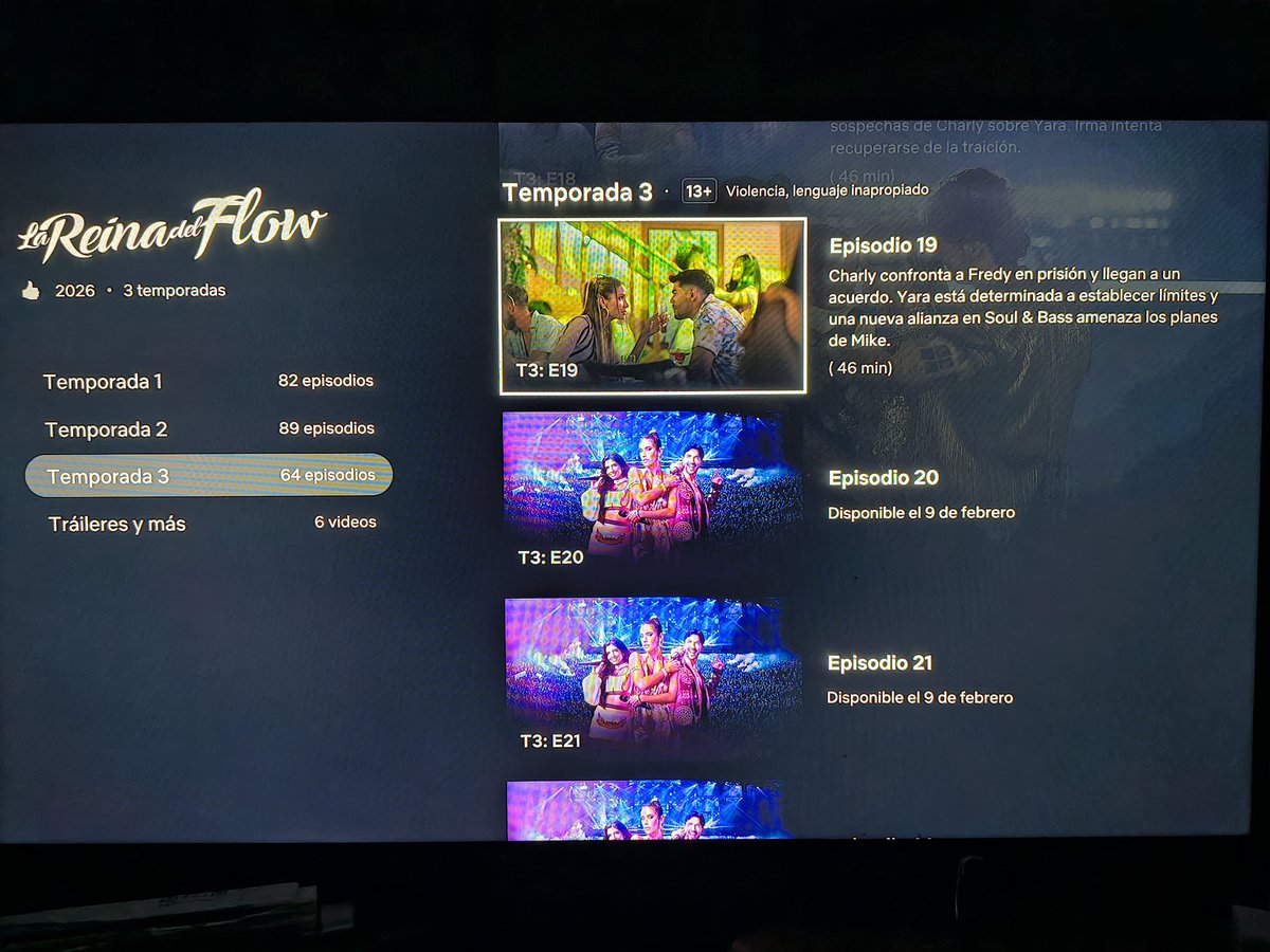 Bueno, contra todo pronóstico <a href="/NetflixLAT/">Netflix Latinoamérica</a> lanzo 19 episodios de #LaReinaDelFlow3. 20 al 40 disponibles el 9 de febrero y hasta marzo la totalidad (64).
<a href="/realistarating/">Realista tv</a> <a href="/juandag1981/">[JUAN DAVID GUZMÁN™]</a> <a href="/SebastianL52327/">Ghostface 🚨🔪</a> <a href="/juandareyes/">Juan David Reyes M</a> <a href="/carlosa1026/">Colombianboy</a> <a href="/Andyruiz4008/">Andy Ruiz</a> <a href="/Elchico14875809/">El chico</a> <a href="/Andresmoficial1/">Andres 🪼</a> <a href="/M1Jhonb/">Jhon</a>