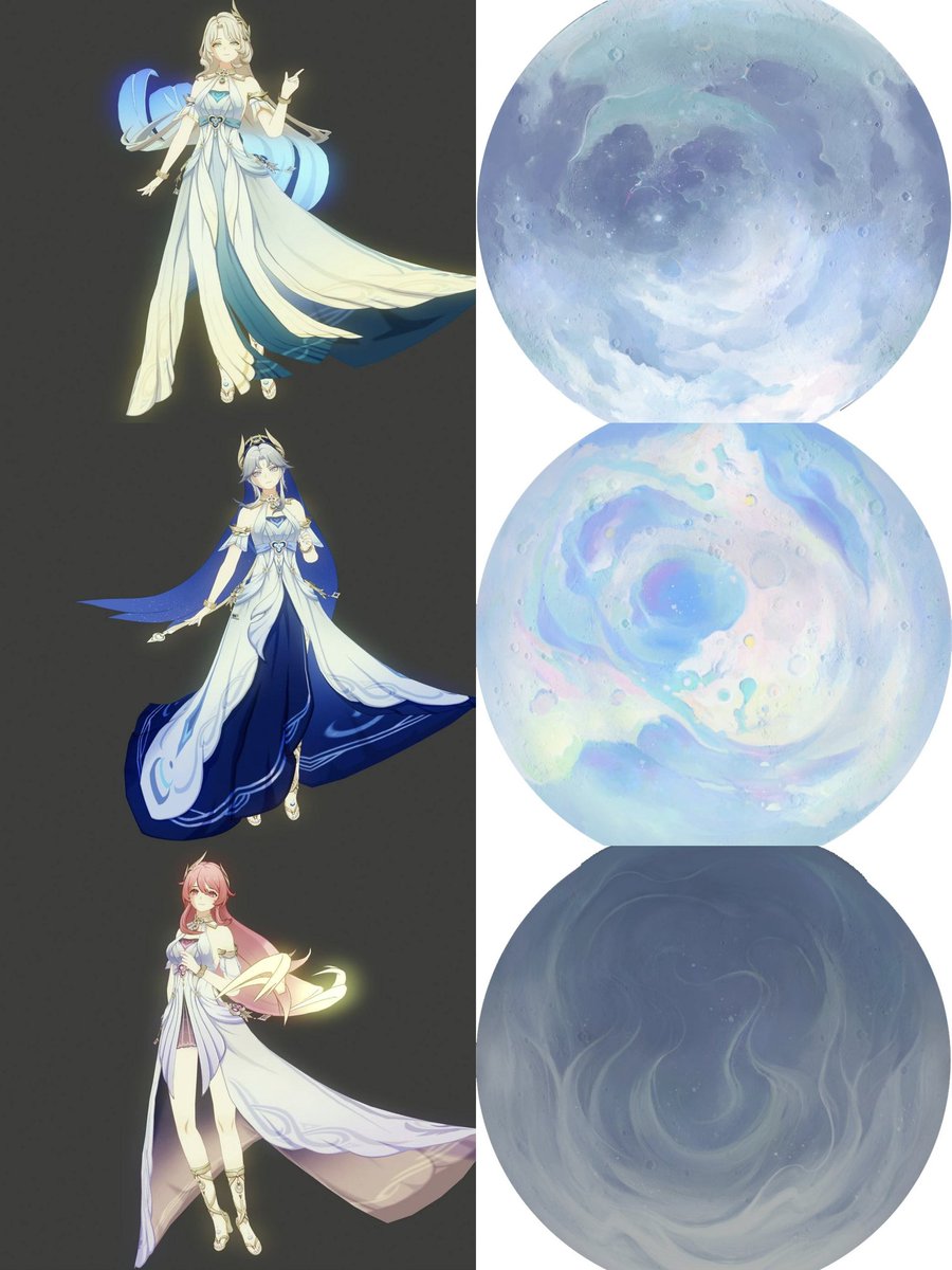 luluraemi's tweet image. // 6.3 archon quest spoilet

moon sisters (aria canon sonnet) appearance in comparison to their moon design feels so distinct IMO

aria moon looks quite blue, canon moon looks very iridescent and sonnet moon looks very dark