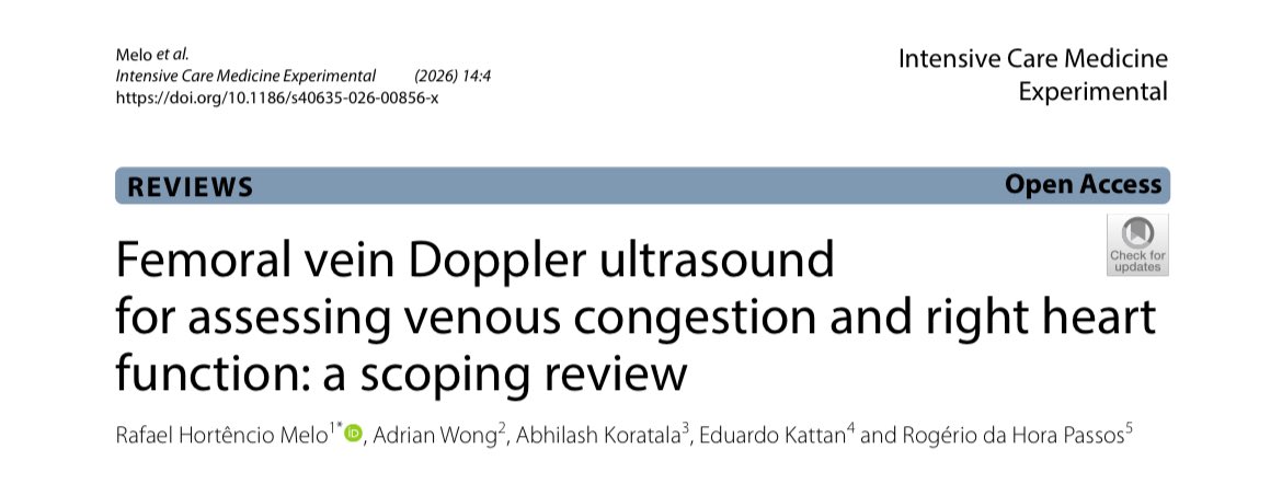 intensivaev's tweet image. I am excited to share my research is now published! 📚 
Femoral vein Doppler ultrasound for assessing venous congestion and right heart function: a scoping review
link.springer.com/article/10.118…
@SN and #SNAuthor. With the collaboration of @NephroP @avkwong @edu_kattan