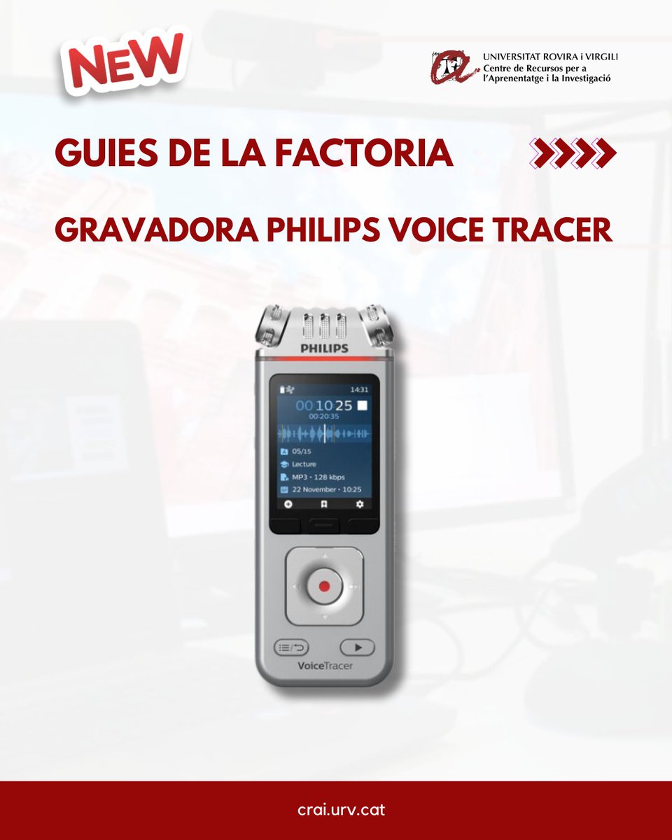 craiURV's tweet photo. 🆕La #Factoria del @craiURV ha elaborat una guia d'ús de la gravadora Philips VoiceTracer, consulteu-la per treure-li el màxim profit!

➡️Guia: https://t.co/6TTN7JAPkk

#ServeisCRAIURV 
@sredURV https://t.co/0EpDZhykgF