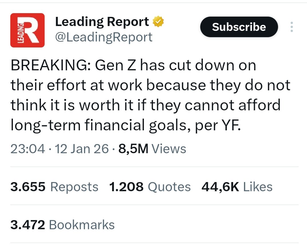 Ini tren di bnyk negara. 

Gen Z : Ngapain ngoyo toh pd akhirnya kita tetap gak akan sanggup beli rumah dll. 

Yg menarik mrk jg enggan saving for long term (dan milih habisin buat jajan). Sebab ngapain susah2 nabung, toh harga rumah tetap mustahil terjangkau.