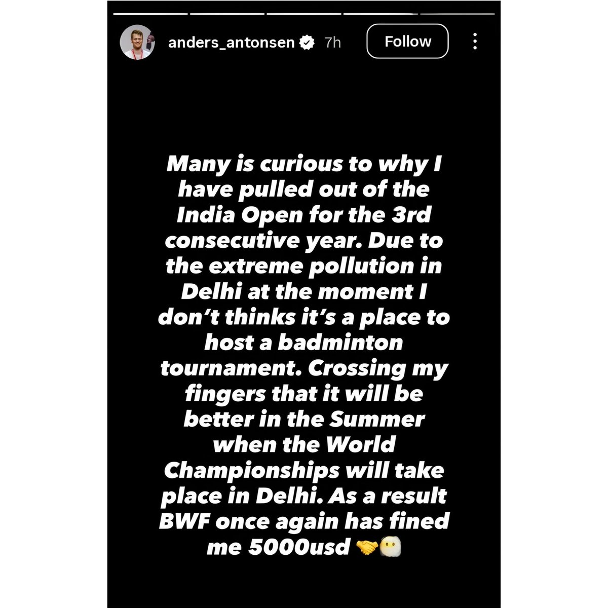 theskindoctor13's tweet photo. He is the world no. 3 badminton player, expressing air pollution as the reason for withdrawing from the Indian Open at Delhi.

Fine. You can’t fix pollution overnight. But what’s the compulsion to host the Indian Open in Delhi in January, when pollution is at its peak? India has many non-northern cities that are comparatively cleaner and have far better air quality, where such tournaments could easily be organised. So why this obsession with Delhi?

Another embarrassment, especially after yet another player raised concerns about hygiene and pollution yesterday.

@BAI_Media, headed by @himantabiswa, needs to explain this. And if there’s no reasonable answer, we might as well label these players as Soros agents trying to internally sabotage sports superpower India.