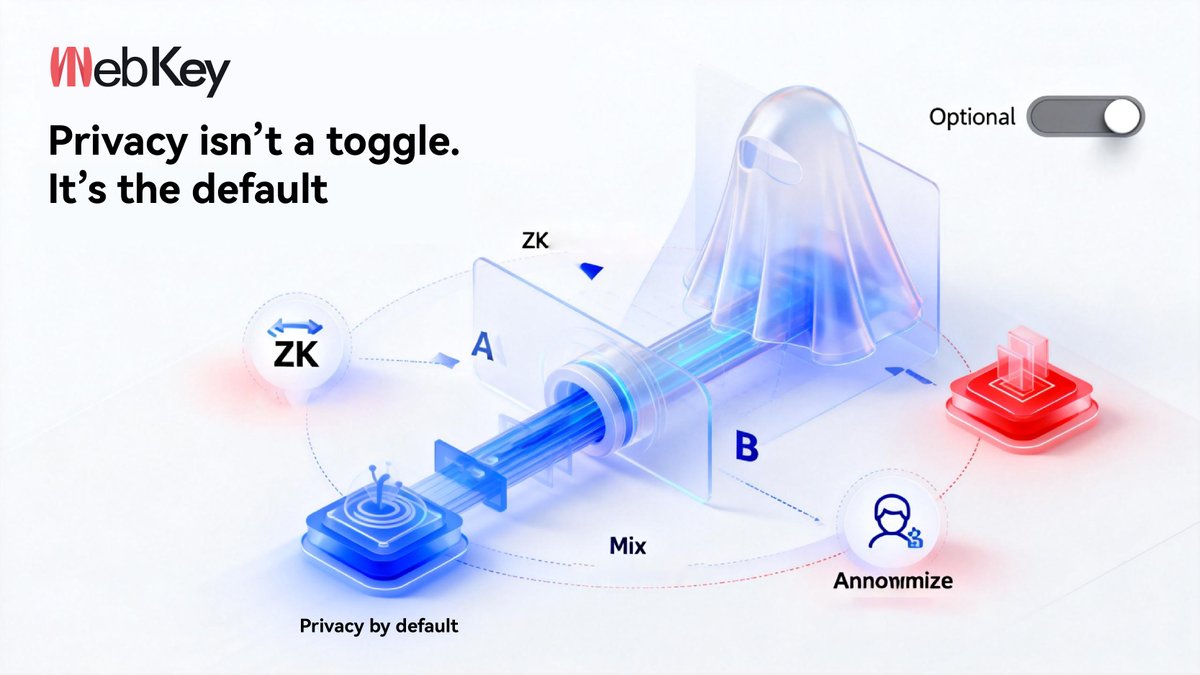 WebKey_'s tweet image. Privacy doesn’t scale when it’s optional.  

Zero-knowledge proofs, anonymization, mixed transactions — these only work when privacy is default, not toggled.  

WebKey treats privacy as a starting condition, not a feature upgrade. 

 #Privacy #ZeroKnowledge