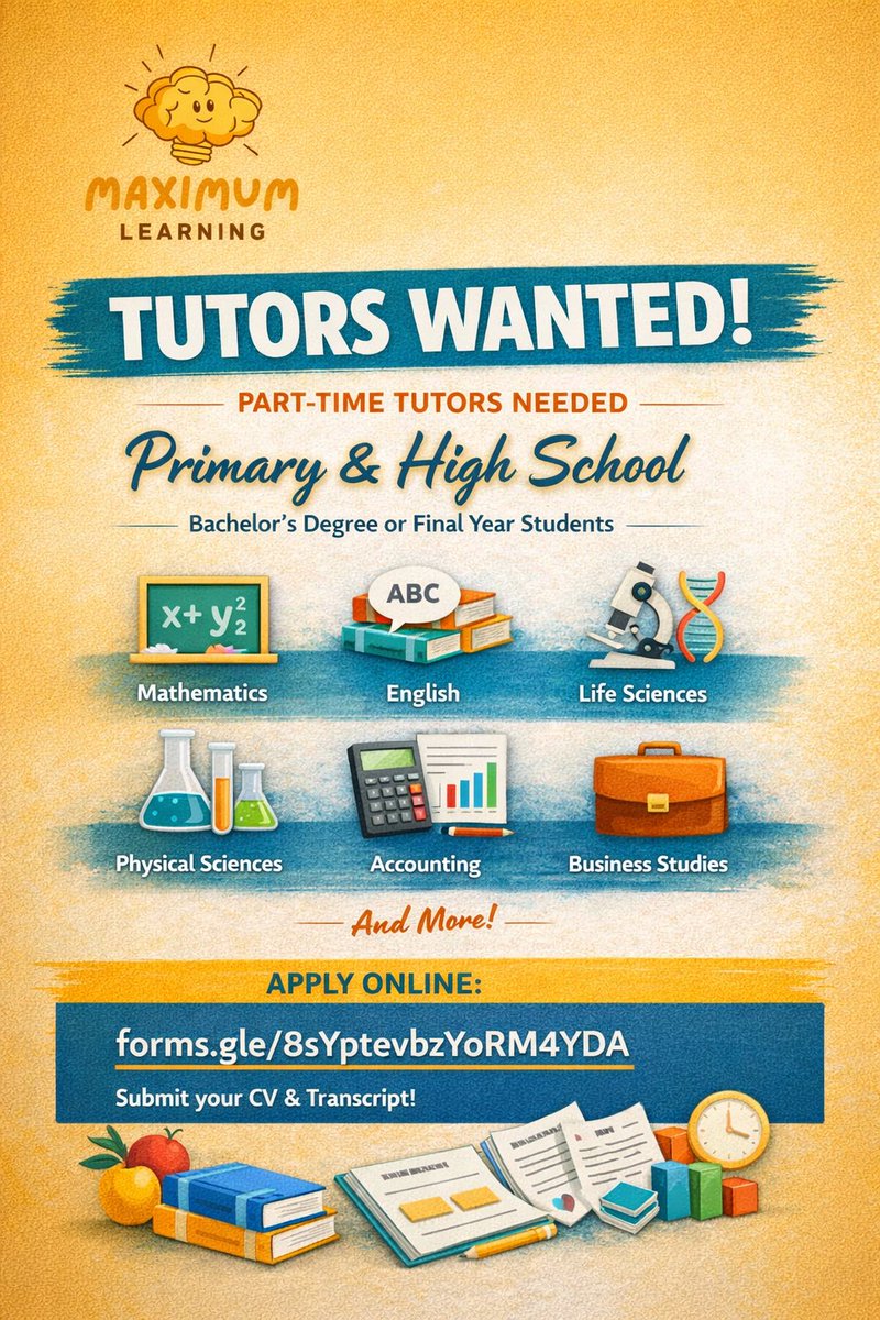 maxsizzle's tweet image. 🎓 Calling all tutors!
Maximum Learning is recruiting part-time Primary &amp;amp; High School tutors to support learners with structured, results-focused tutoring.

Bachelor’s degree or final year required.
🔗 Apply here: forms.gle/8sYptevbzYoRM4…