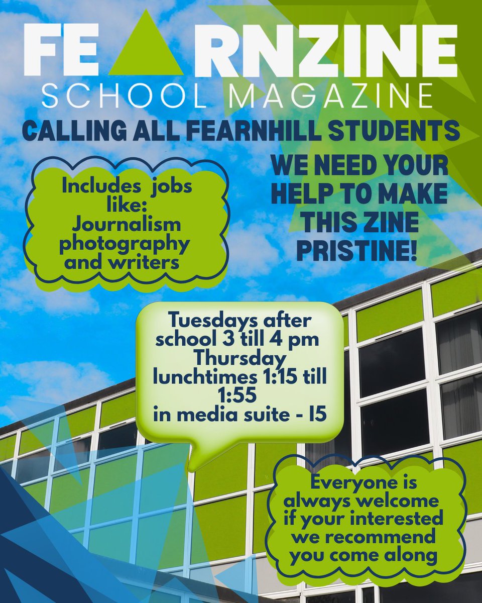 Fearnzine, our school magazine, is written by students, for students and they're looking for people to join the team. They meet every Tues after school and Thurs lunch in the Media Suite, why not come and see how you can be involved?

#schoolmagazine #newskills #fearnhillschool