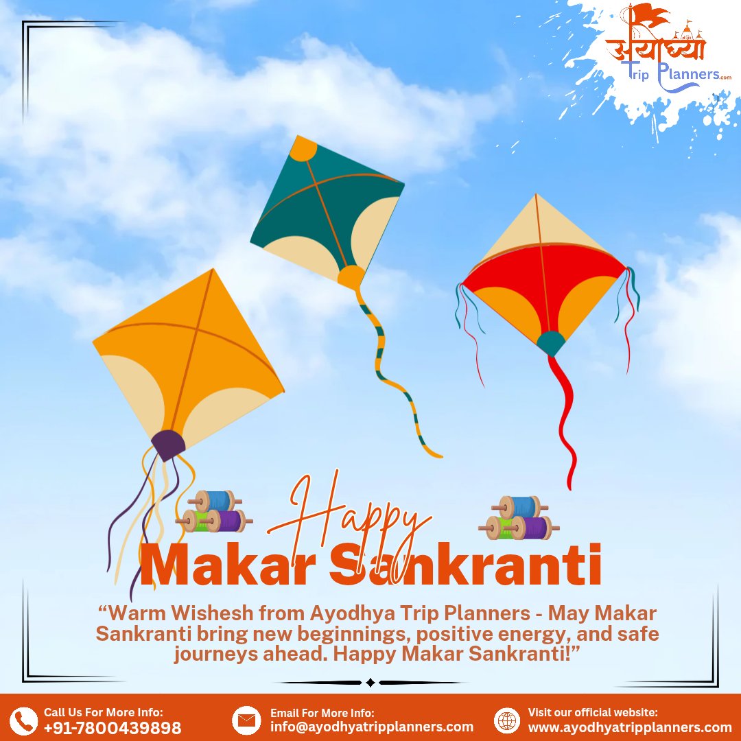 TripAyodhya's tweet photo. 🪁 Happy Makar Sankranti from Ayodhya Trip Planners 🌞
May this festival bring new beginnings, positive energy &amp; safe journeys ahead. ✨
This festive season, visit Ayodhya and experience its divine temples, ghats &amp; spiritual calm. 🛕🌸

📞 +91 7800439898 https://t.co/dcWj29McUI
