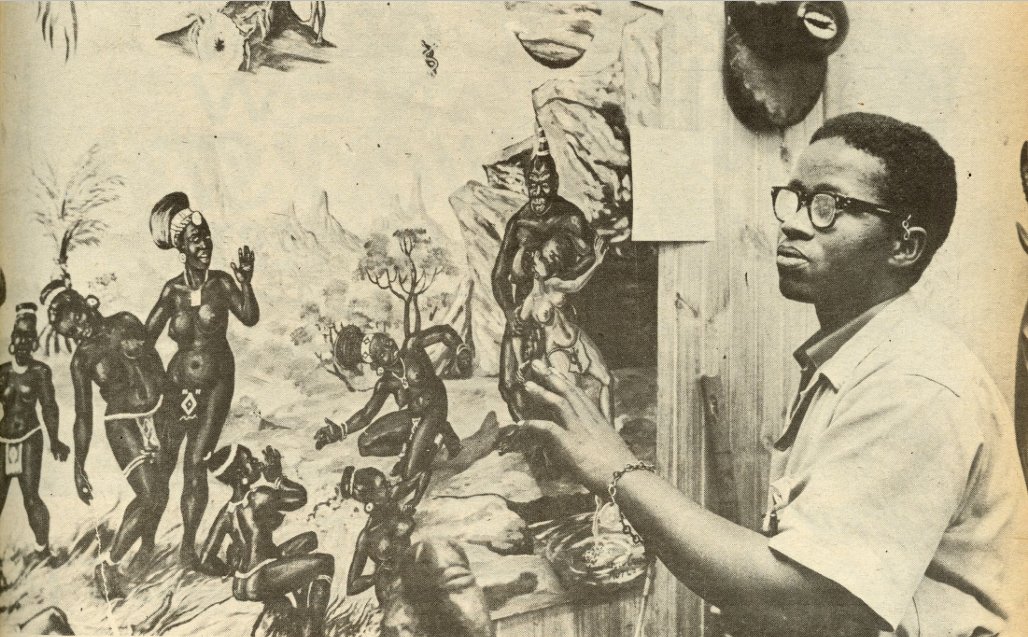 Young Credo Mutwa with one of his paintings, November 1964. Image Source: BAHA