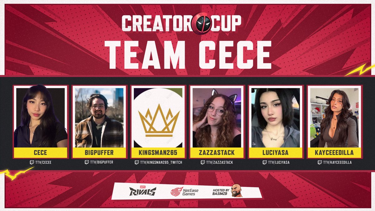 BasimZB's tweet image. 📢 Introducing Team Cece!

@cecefps @Bigpuffer @Kingsman265_twitch @zazzastack @kayceeedilla

#MarvelRivals #DeadpoolCreatorCup