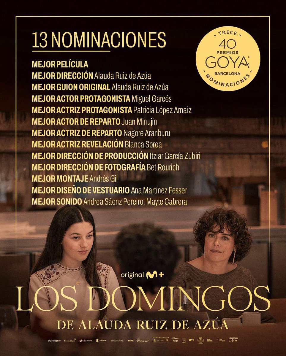GRACIAS a todas las compañeras y compañeros de la <a href="/Academiadecine/">Academia de Cine</a> por esas 13 nominaciones para Los domingos. 

Sabéis mejor que nadie lo que cuesta levantar las películas, arriesgar y saltar. Este reconocimiento nos abraza muy fuerte ❤️‍🔥