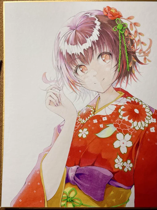 にゃしぃの色紙を塗ってました 今日は髪飾りと金ペン白ペンの作業 明日から背景の色塗り。 パステルを使おうかな。。。