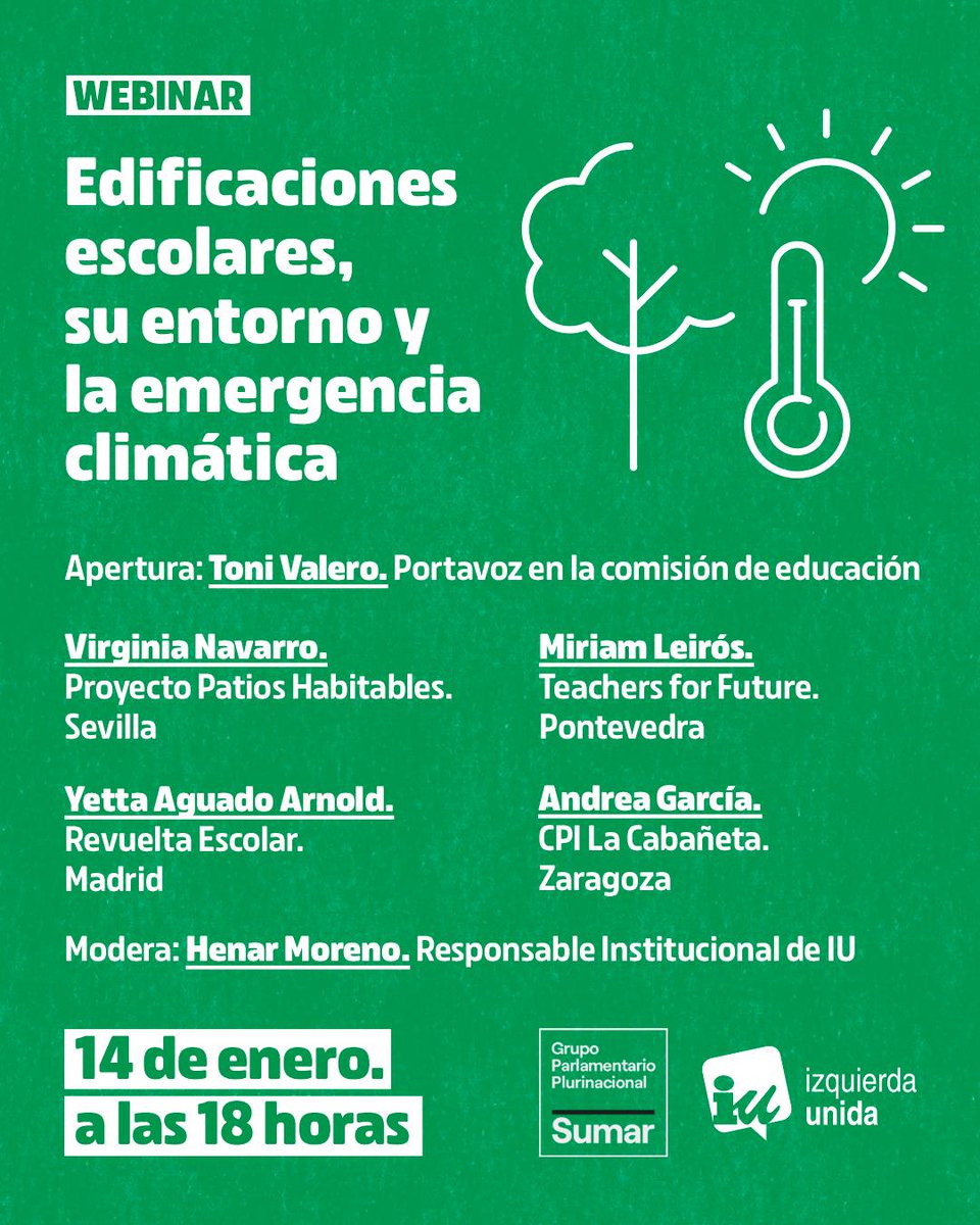 La escuela pública ha de adaptarse a la crisis climática para garantizar el derecho a la educación de las nuevas generaciones. 

Hoy celebramos este webinar sobre ello. Participa con este enlace 👇
congreso-es.zoom.us/j/84129599808?…