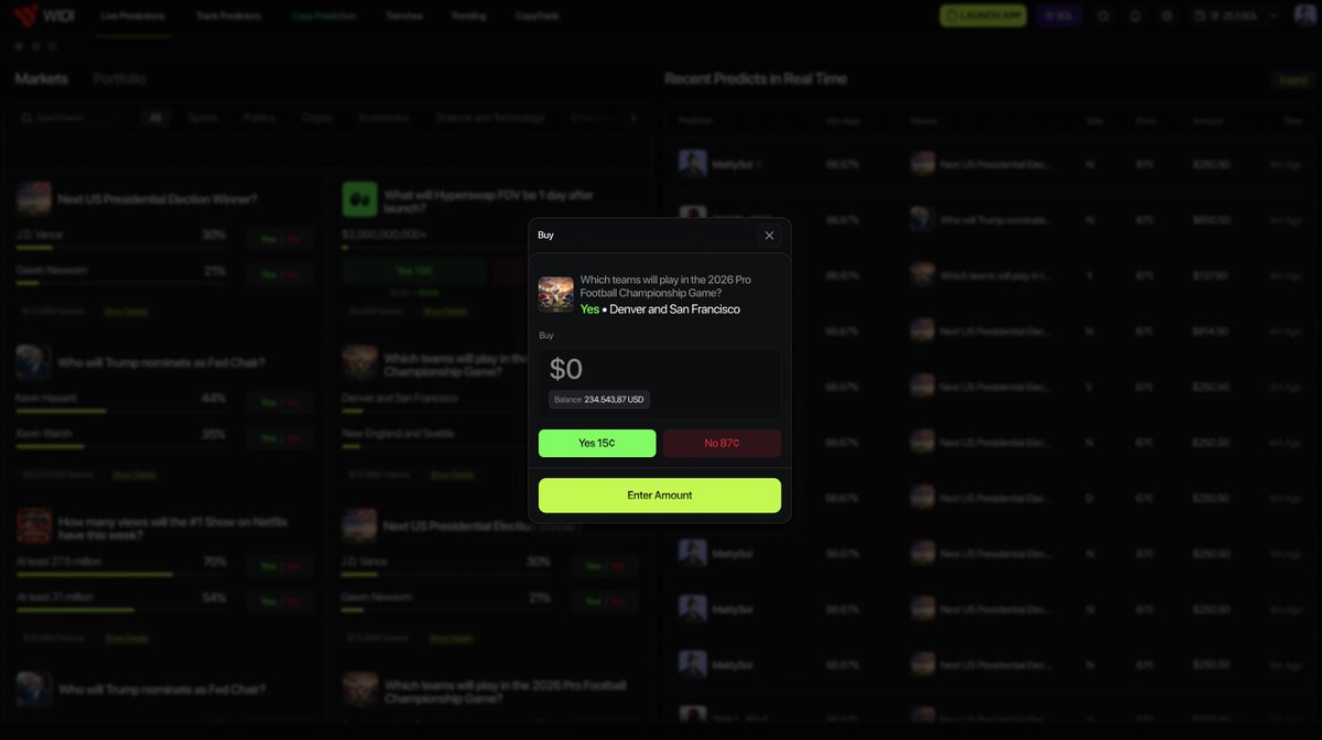 WIDI Terminal is coming this month with features you won’t see anywhere else.

• Real-time Kalshi prediction activity on Solana
• Track top predictors
• Get rewarded for being tracked
• Trade · Predict · Track · Copy

All in one page. 🔜