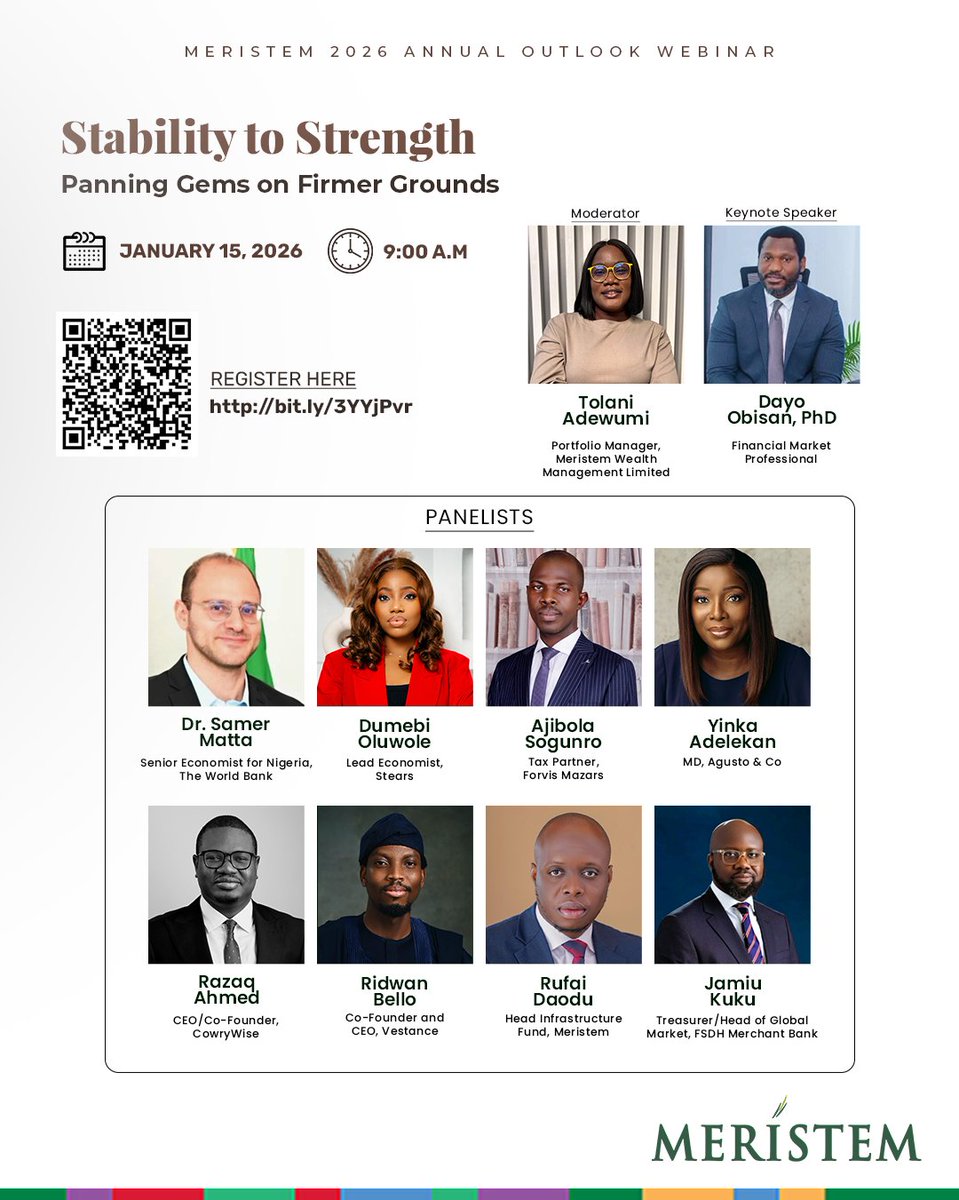 Our Co-Founder and CEO, Ridwan Bello, will be joining senior economists and industry leaders at Meristem’s 2026 Annual Outlook Webinar to discuss Nigeria’s evolving economic landscape and what lies ahead in 2026.
📅 Jan 15, 2026 | ⏰ 9:00 AM

Tune in to be part of the discussion.