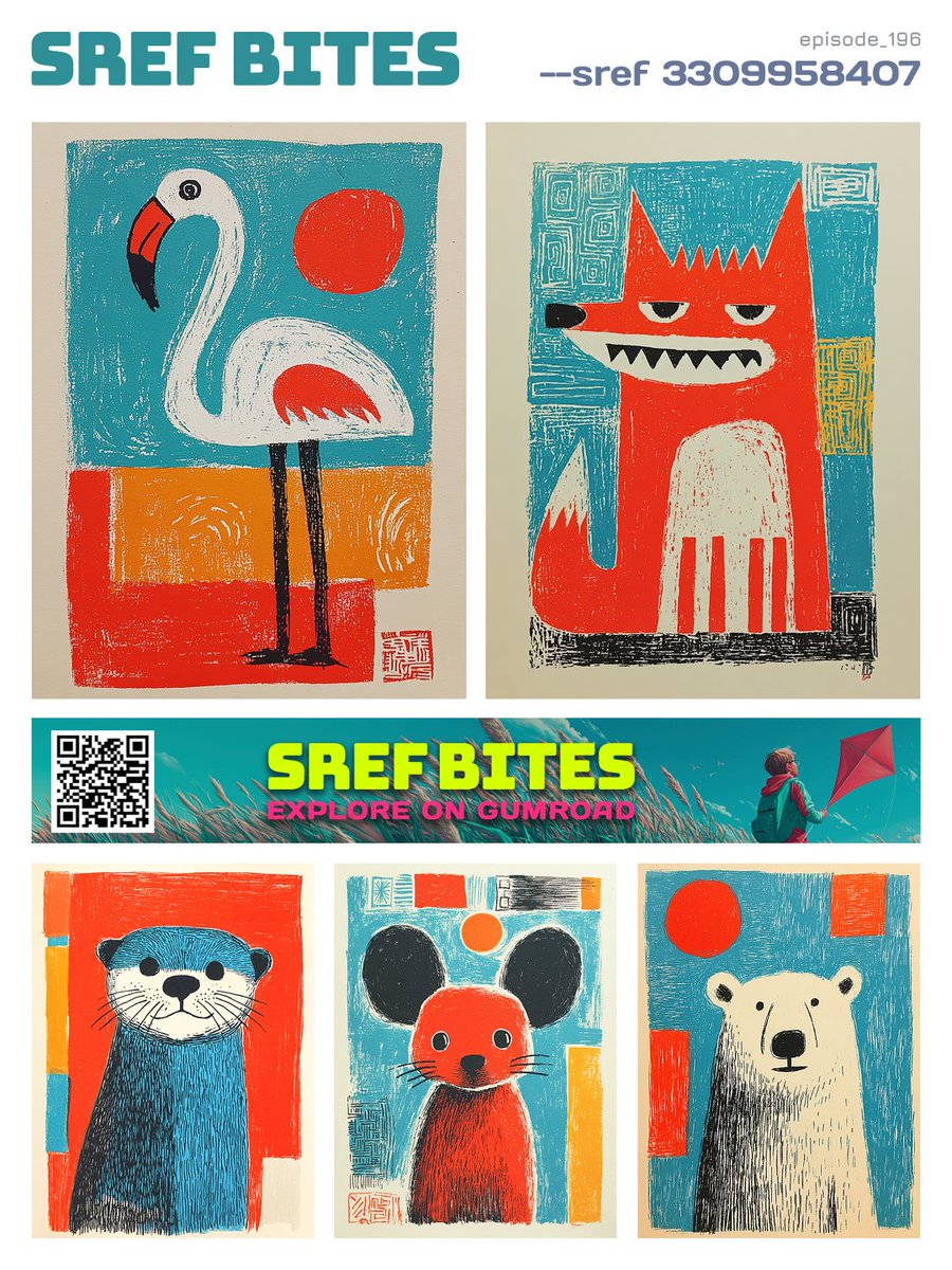 srefbites's tweet image. Welcome to Episode 196 of SREF Bites

Today’s SREF is 3309958407.

Scan the QR code to browse the full SREF Bites collections on Gumroad or check my profile here: daviddark0.gumroad.com

This style embraces playful folk illustration with rough textures, bold flat colors, and…