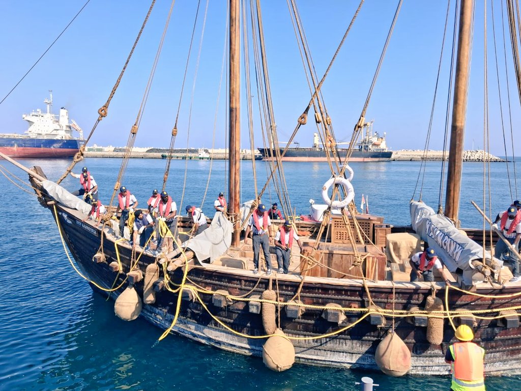 sarbanandsonwal's tweet photo. A historic moment of pride as INSV Kaundinya receives a grand welcome in Muscat!

The culmination of this historic 18-day voyage from Gujarat to Oman is a shining example of Hon'ble PM Shri @narendramodi ji's visionary leadership and firm resolve to revive India's ancient shipbuilding genius. It also symbolises the enduring bond of our historic ties with the Gulf region.

By sailing this magnificent stitched-ship inspired by the 5th-century paintings of Ajanta and crafted without a single nail by our master artisans from Kerala, we have proudly shown our civilisational legacy to the world.

This vessel is not just wood and rope; it represents the timeless strength of our maritime heritage, marked by indigenous skill and enduring innovation. It is a powerful symbol of Aatmanirbhar Bharat bridging our glorious past with a confident future.

I salute the Men of Steel who manned this marvel. Heartiest congratulations to Skipper Cdr Vikas Sheoran, Officer-in-Charge Cdr Y Hemant Kumar and the entire Indian Navy team. A special mention to Shri @sanjeevsanyal ji, whose passion, participation and daily chronicles brought this ancient trade route back to life for millions of Indians.

Truly a voyage that defines Virasat Bhi, Vikas Bhi!

@indiannavy @INSVKaundinya