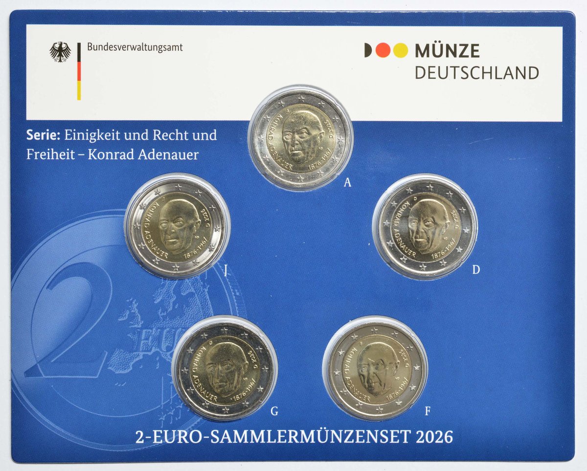 Neu am Lager: 2 Euro Adenauer Komplettsatz A-J 2026 Stgl. Deutschland: Deutschland : 2 Euro Konrad Adenauer Komplettsatz A-J 2026 Stgl.  Preis: 28.5 Euro dlvr.it/TQLDf3