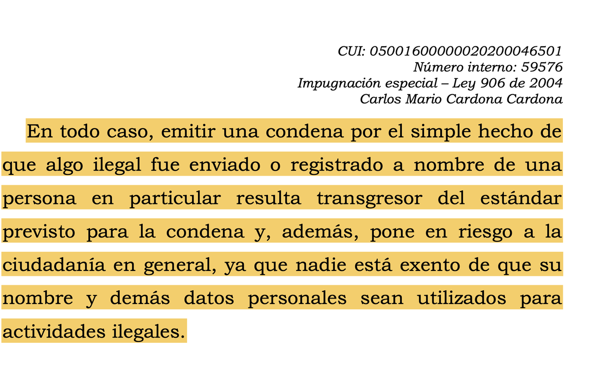 alfesac's tweet photo. Vale la pena destacar este acápite de este fallo M.P. Solórzano: "Nadie está exento de que su nombre y demás datos personales sean utilizados para actividades ilegales". 

Valiosa decisión sobre tema de indicios y carga de la fiscalía de elaborar un programa metodológico serio de verificación: