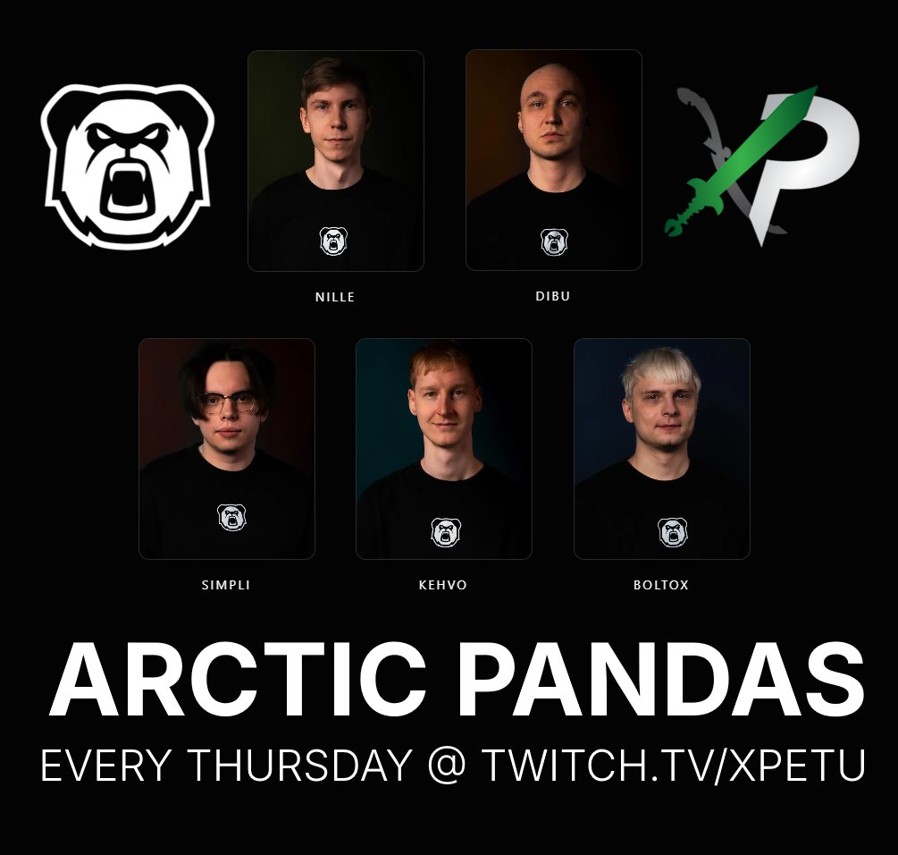 xPetu's tweet image. It is with great excitement that I announce my partnership with the most ambitious League of Legends team to ever come out of Finland. I am joining ARCTIC PANDAS as a co-streamer for the NLC 2026 season!

🐼ARCTIC PANDAS❄️
TOP: Nille
JGL: Dibu
MID: Simpli
BOT: Kehvo
SUP: Boltox…