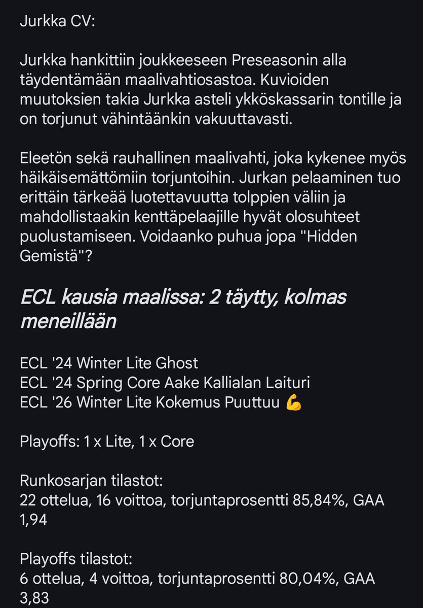 Olisiko teillä hetki aikaa puhua maalivahdeista? 

Kauan odotetut pelaajaesittelyt meidän ihanista maalivahdeista ovat vihdoin täällä!

Högö sekä Jurkka ovat molemmat Top-5 joukossa, kun mitataan torjuntaprosenttia.
1. Högö: 90,48%
4. Jurkka: 87,50%

CV:t liitteinä

#HyväMeininki