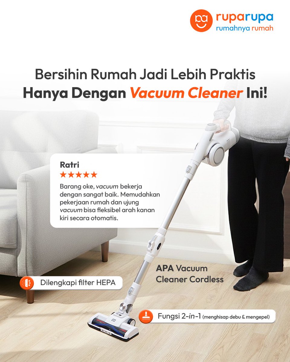 Bersihin rumah ternyata bisa sepraktis itu kalau pakai ✨ APA Vacuum Cleaner Cordless✨ 

Siapa yang mau punya buat di rumah?🧡💙

#ruparupa #VacuumCleaner