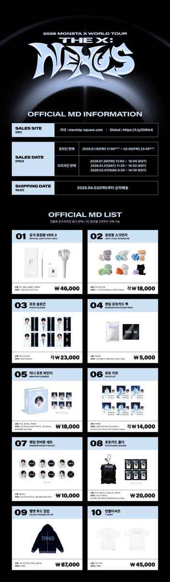OfficialMONSTAX's tweet image. 📢
2026 MONSTA X WORLD TOUR
[THE X : NEXUS] OFFICIAL MD OPEN 안내

🩵 온라인 판매 | 스타쉽 스퀘어
260116 (금) 11AM - 260206 (금) 11:59PM (KST)

🩵 오프라인 판매 | 현장 MD부스
260130 (금) 1PM - 6PM (KST)
260131 (토) 11:30AM - 4:30PM (KST)
260201 (일) 9:30AM - 2:30PM (KST)…