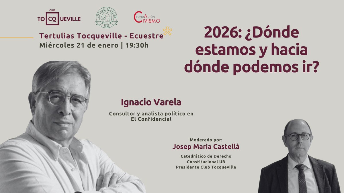 📆Este próximo miércoles, los socios del <a href="/ClubTocqueville/">Club Tocqueville</a> y del <a href="/Circuloecuestre/">Círculo Ecuestre</a> tenemos una cita con Ignacio Varela <a href="/ivarelad/">Ignacio Varela</a>.