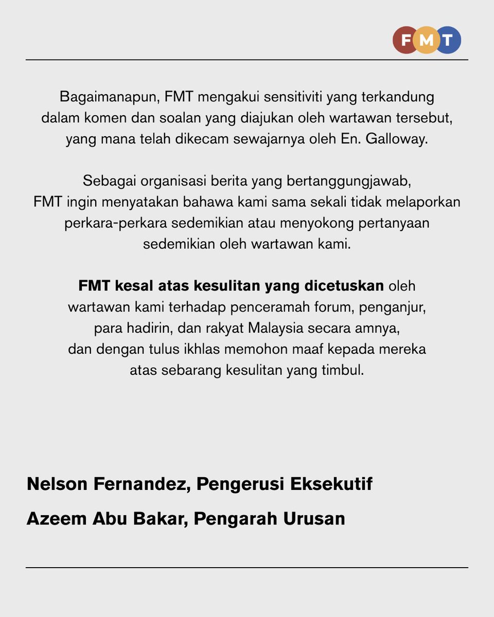 fmtoday's tweet image. Berikut adalah kenyataan kami berhubung kontroversi yang timbul pada forum Gaza baru-baru ini.  

The following is our statement in connection with the controversy which arose at the recent forum on Gaza.

Laporan lanjut: freemalaysiatoday.com/category/bahas… 

Read more:…