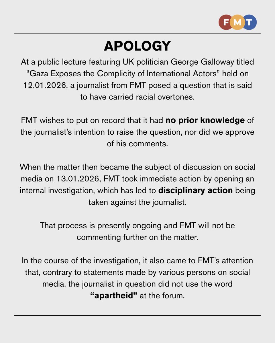 fmtoday's tweet image. Berikut adalah kenyataan kami berhubung kontroversi yang timbul pada forum Gaza baru-baru ini.  

The following is our statement in connection with the controversy which arose at the recent forum on Gaza.

Laporan lanjut: freemalaysiatoday.com/category/bahas… 

Read more:…