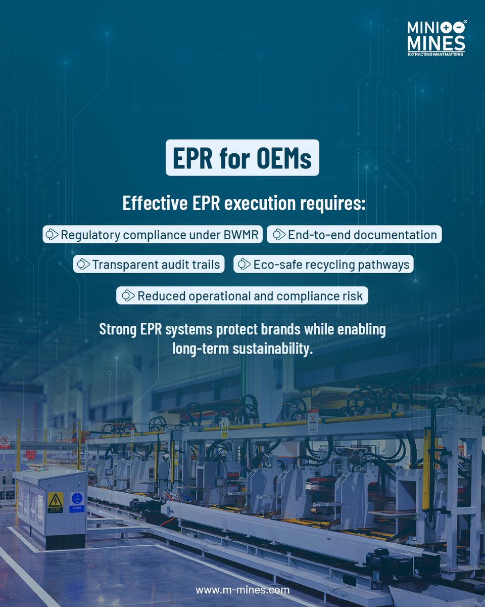 MiniMinesPower's tweet photo. EPR is more than compliance; it’s a responsibility. MiniMines helps businesses meet EPR with traceable, transparent battery recycling aligned to government norms. Recycle responsibly.

#EPR #BatteryRecycling #CircularEconomy #Sustainability #Compliance #GreenFuture #MiniMines https://t.co/GE3tr6aW9B