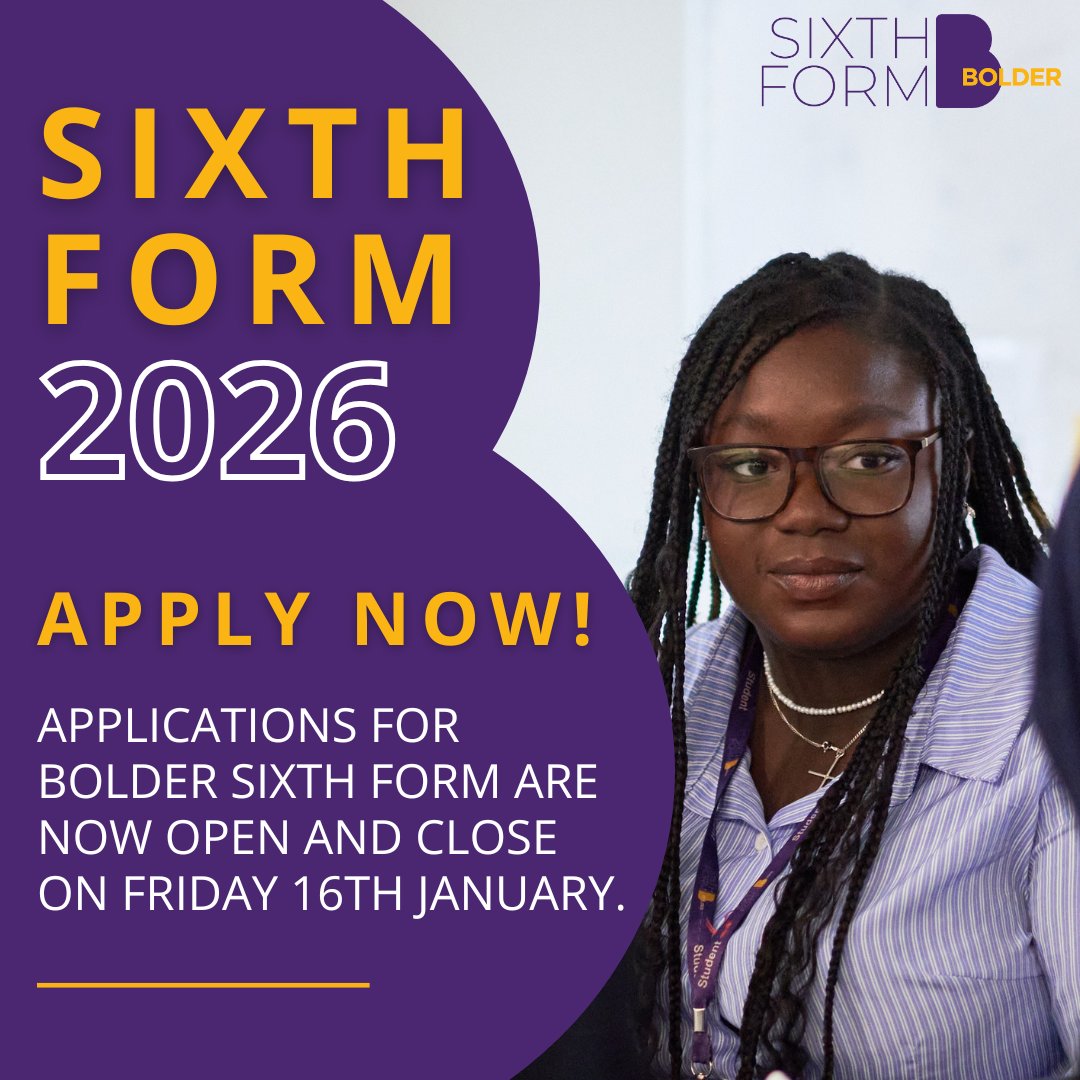 Take your next bold step.

Applications for Bolder Sixth Form are open &mdash; and the deadline is approaching fast.
Join a Sixth Form where you can grow, lead and succeed.

Apply now before this Friday 16th January.
Start your application:&nbsp; bolderacademy.co.uk Image